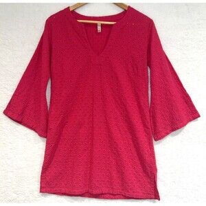 Helen Jon Women's Fuchsia Pink Eyelet Swimsuit Cover Up Dress Tunic Size S Beach